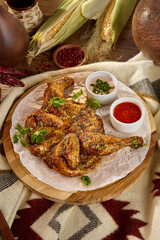 Traditional Georgian Dish Tsitsila Tabaka with Assorted Sauces and Garnishes on Rustic Wooden Table