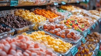 Junk food close-up: sweets and snacks in an unhealthy grocery store display