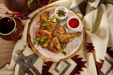 Traditional Georgian Chicken Tabaka with Sauces on Rustic Wooden Platter