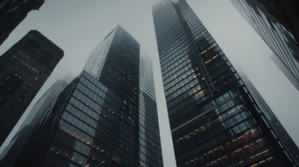 Naklejka premium Towering Structures in a Foggy Metropolis