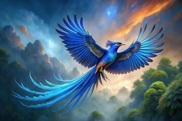A majestic blue phoenix flying in the shape of a panoramic frame, mystical, beautiful, wings, blue, illustration, magical, feathers, symbolism, design, mythical creature, legend, ethereal