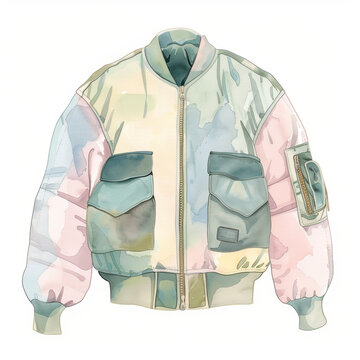 recommend clip art: Watercolor Illustration of a Stylish Bomber Jacket with Pockets in Pastel Colors