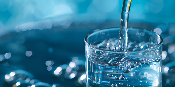 Clean Water Flowing Into Glass, Purified Water in Glass