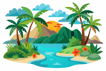 Obraz premium Tropical Island Sunset Landscape with Palm Trees and River