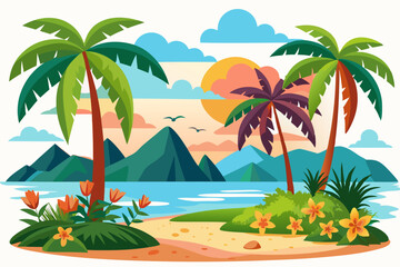 Fototapeta premium Tropical Island Sunset Scene with Palm Trees, Mountains, and Flowers
