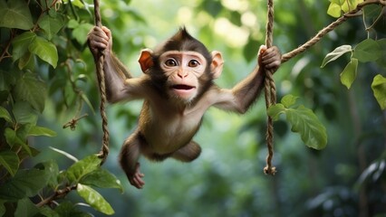 Fototapeta premium Playful monkey swinging from a vine, tropical jungle, mischievous expression, 