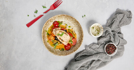 Grilled Squid with Tomatoes and Olives on Rustic Plate - Mediterranean Cuisine Food Photography