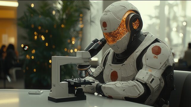 A futuristic robot scientist wearing a protective suit is examining samples under a microscope in a modern laboratory setting.