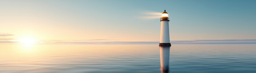 A serene lighthouse standing tall by the calm sea at sunset, symbolizing guidance and tranquility. © Chanoknan