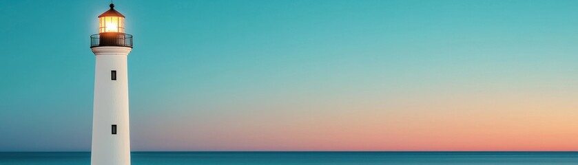 Obraz premium A serene lighthouse standing tall against a vibrant sunset sky, illuminating the calm sea with its guiding light.