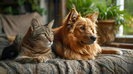 Harmony at Home - Dog and Cat Friends Enjoying the View Together on a Cozy Couch by the Window | Space for Text on Left