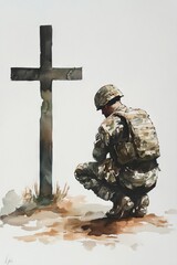 Watercolor art of soldier kneeling in front of cross
