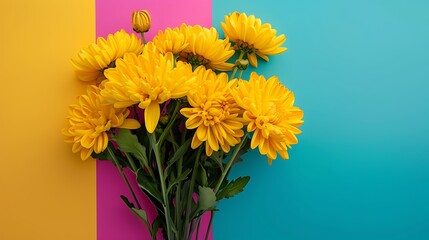 Yellow chrysanthemum bouquet on colorful background