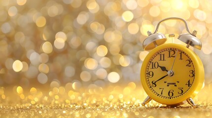 Yellow classic alarm clock on a shimmering background