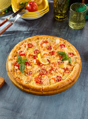 Delicious Salmon and Tomato Pizza – Gourmet Italian Cuisine on Wooden Serving Board
