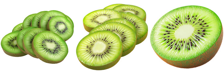 Fototapeta premium Sliced kiwi fruits in varying thickness isolated on transparent background