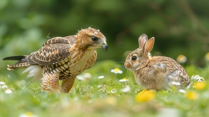 Fototapeta premium Playful Encounter - Surreal Image of Hawk and Rabbit Frolicking in Grassy Meadow with Copy Space on the Right Side