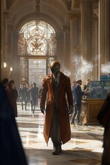 A mysterious figure wearing a long coat and mask walks through a bustling, grand hall with ornate architecture and ambient lighting.