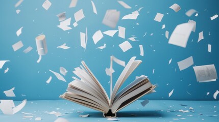 Open Book with Flying Pages Against a Blue Background
