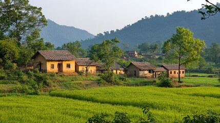 Obraz premium A picturesque scene of Garvajodh village, with traditional architecture, open fields, and a peaceful rural atmosphere, offering a glimpse into life in the Indian countryside.