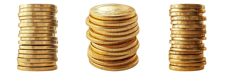 Stacks of gold coins with different heights isolated on transparent background