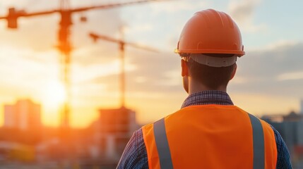 An Inspiring Evening: A Construction Worker Looks Toward a Promising Horizon Amidst Urban Development and Sunset Glory