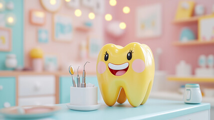 Yellow Cartoon Tooth Figure with Dental Tools in Colorful Dental Office