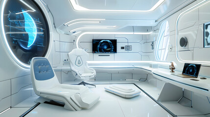 Fototapeta premium Futuristic minimalist 3d office with blue accents