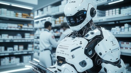 Advanced robot analyzing data in a futuristic laboratory setting with scientists working in the background. High-tech innovation and research.