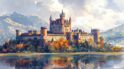 Fototapeta premium Majestic Castle by the Lake: A picturesque castle stands tall against a backdrop of snow-capped mountains and shimmering water, its reflection mirroring the beauty of its surroundings. The autumnal fo