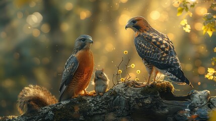 Fototapeta premium Unlikely Allies: Surreal Image of a Squirrel and Hawk Perched on Tree Branch in Forest Watchful Unity