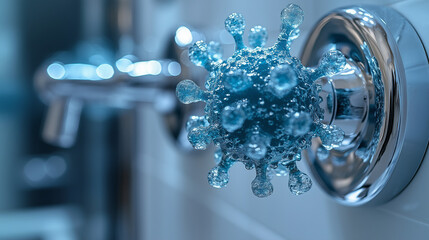 Virus Lurking on Faucet: A 3D rendering of a menacing coronavirus particle clings to a bathroom faucet, highlighting the importance of hygiene and sanitation in preventing the spread of infectious dis