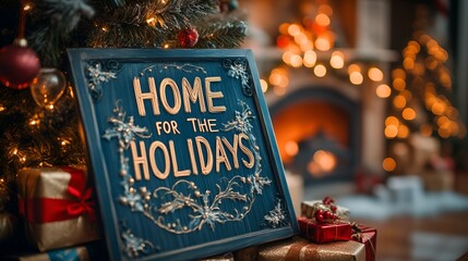 A sign that reads &ldquo;HOME FOR THE HOLIDAYS&rdquo; in a Christmas living room - festive home decorated for the holidays - Christmas 