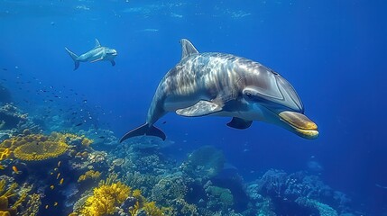 Naklejka premium Harmony of the Deep: Dolphin and Shark Swimming Together in Clear Blue Waters with Copy Space