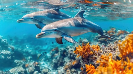 Fototapeta premium Harmony of Marine Life - Dolphin and Shark Swimming Together in Clear Blue Waters