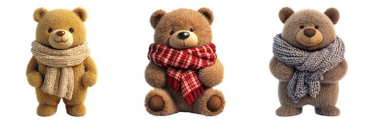 Three teddy bears wearing scarves in various colors isolated on transparent background