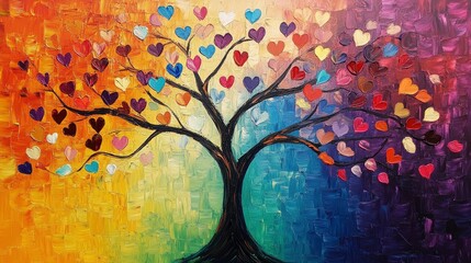 Colorful tree of life with heart leaves, oil painting, vibrant colors, large canvas