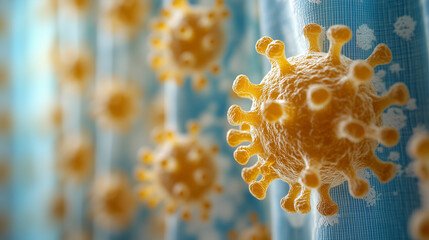 Microscopic Invasion: A detailed 3D render of COVID-19 virus particles, highlighting their intricate structure against a vibrant blue backdrop.