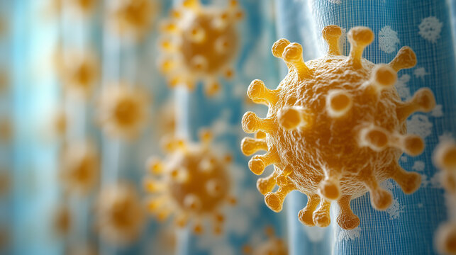 Microscopic Invasion: A detailed 3D render of COVID-19 virus particles, highlighting their intricate structure against a vibrant blue backdrop. - Powered by Adobe