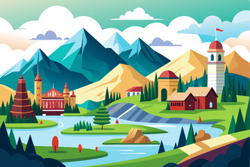 Picturesque Landscape with Mountains, Towers, and a Winding River