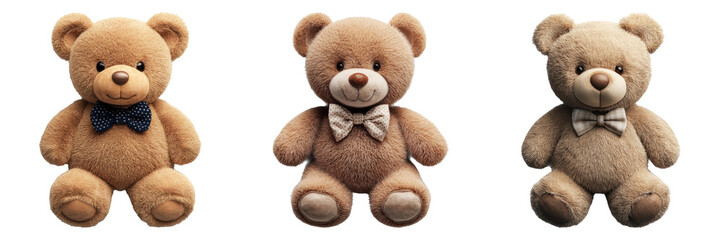 Three teddy bears with bow ties in different poses isolated on transparent background