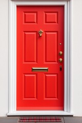 Bright Red Front Door with Brass Hardware and White Trim on a Modern House