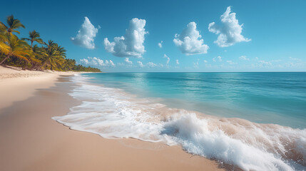 Tranquil Paradise:  A serene seascape unfolds, showcasing a pristine beach kissed by gentle waves and a cerulean sky adorned with fluffy clouds. Palm trees stand sentinel on the shore, creating a pict