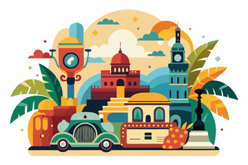 A Colorful Illustration of a Cityscape with Buildings, a Car, and Palm Trees