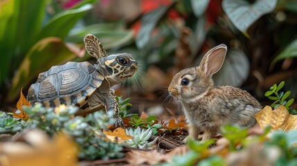 Obraz premium Harmony in Nature: Turtle and Rabbit Sharing a Meal in a Garden