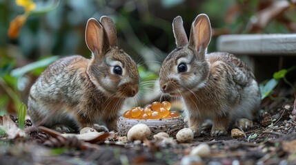Fototapeta premium Peaceful Coexistence - Turtle and Rabbit Sharing a Meal in a Garden | Copy Space for Text Below