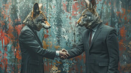 Unlikely Business Partners: Human with Wolf's Head and Human with Rabbit's Head Shaking Hands in Suits, Copy Space on Left
