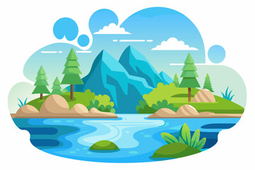 Obraz premium Mountain Landscape with River and Green Trees