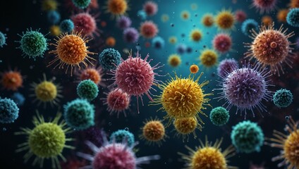 A large number of virus particles. They are red spheres with small protrusions around them and water droplets on the surface.