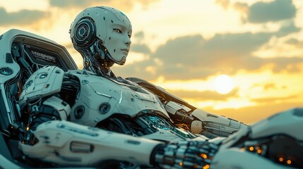 Futuristic robot sitting and looking at sunset, representing advanced AI and technology evolution with a peaceful background.